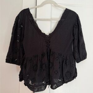Free People Black Eyelet Peasant Blouse
